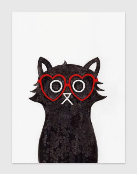a salt and ink illustrated cat that's wearing red glasses in the shape of a heart