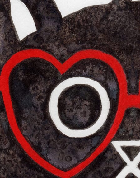 a salt and ink illustrated cat that's wearing red glasses in the shape of a heart, zoomed in