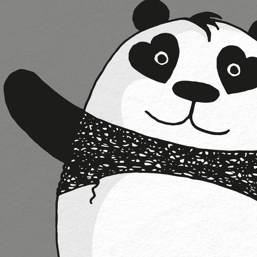 a hand-drawn cute panda illustration print, with arms wide open, ready for a hug, zoomed in