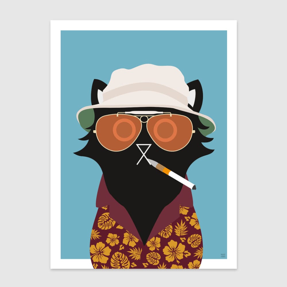 tongue in cheek vector illustration of a cat depicted as Hunter S. Thompson from Fear and Loathing, wearing hat and glasses