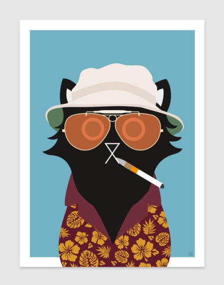 tongue in cheek vector illustration of a cat depicted as Hunter S. Thompson from Fear and Loathing, wearing hat and glasses