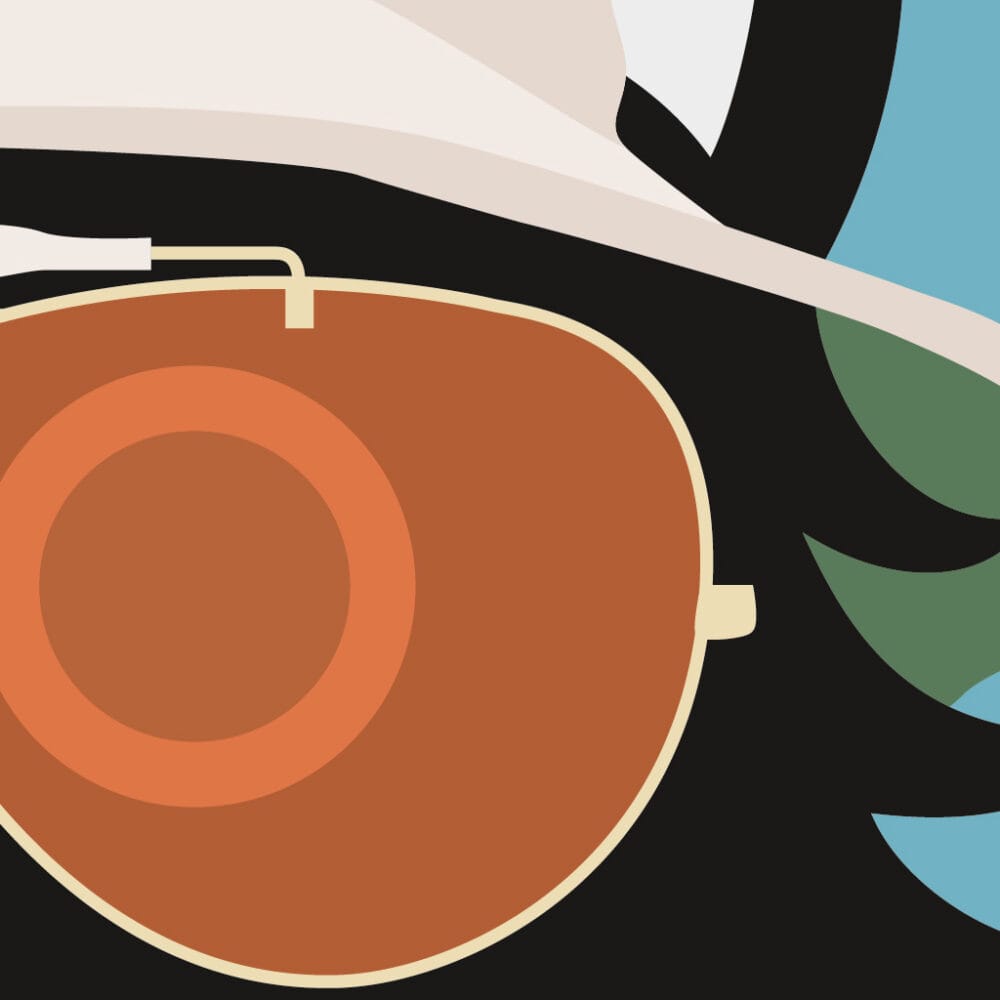 tongue in cheek vector illustration of a cat depicted as Hunter S. Thompson from Fear and Loathing, wearing hat and glasses