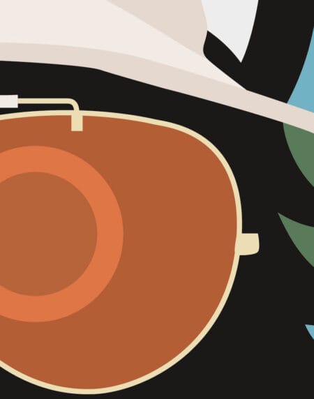 tongue in cheek vector illustration of a cat depicted as Hunter S. Thompson from Fear and Loathing, wearing hat and glasses
