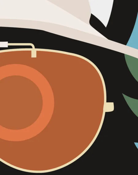 tongue in cheek vector illustration of a cat depicted as Hunter S. Thompson from Fear and Loathing, wearing hat and glasses