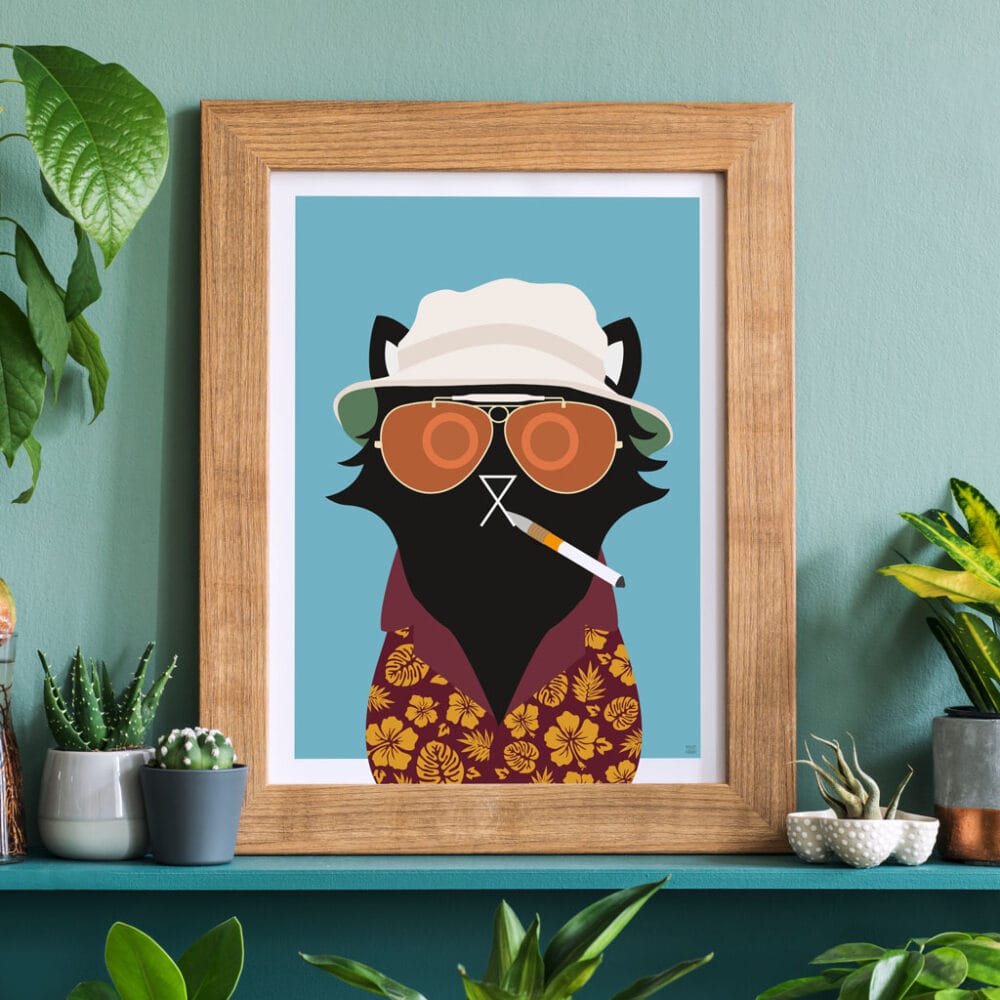 tongue in cheek vector illustration of a cat depicted as Hunter S. Thompson from Fear and Loathing, wearing hat and glasses