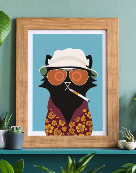 tongue in cheek vector illustration of a cat depicted as Hunter S. Thompson from Fear and Loathing, wearing hat and glasses