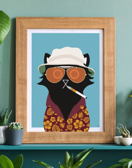tongue in cheek vector illustration of a cat depicted as Hunter S. Thompson from Fear and Loathing, wearing hat and glasses