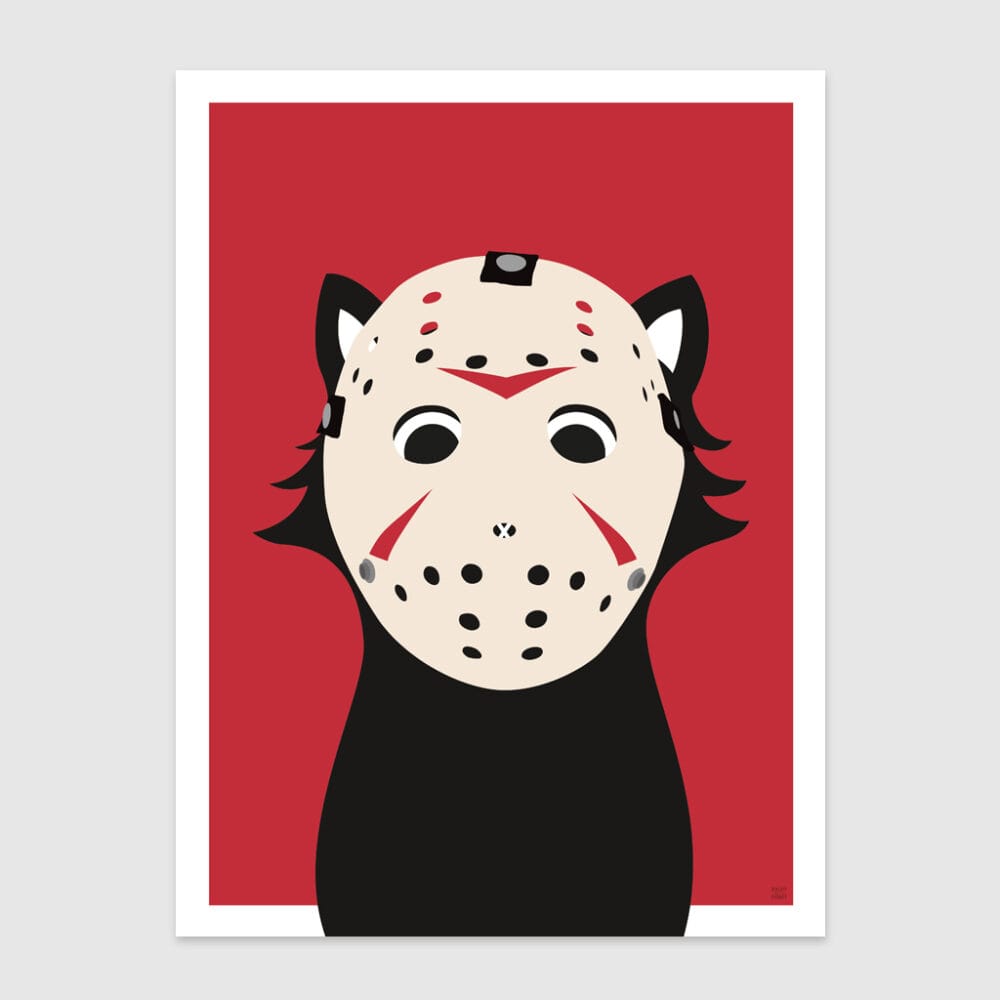 tongue in cheek vector illustration of a cat depicted as Jason from Friday the 13th, in red, black and white