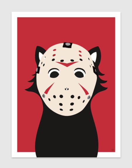 tongue in cheek vector illustration of a cat depicted as Jason from Friday the 13th, in red, black and white