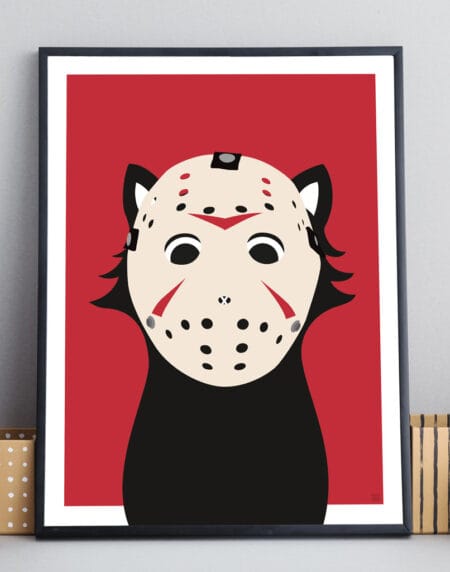 tongue in cheek vector illustration of a cat depicted as Jason from Friday the 13th, in red, black and white