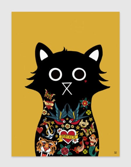 digitally drawn black cat on a yellow background, with tattoos covering its chest