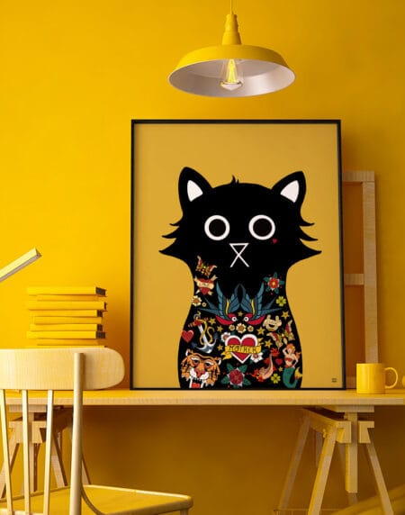 Tattooed black cat with vibrant Americana-style tattoos featured in a quirky wall art print.