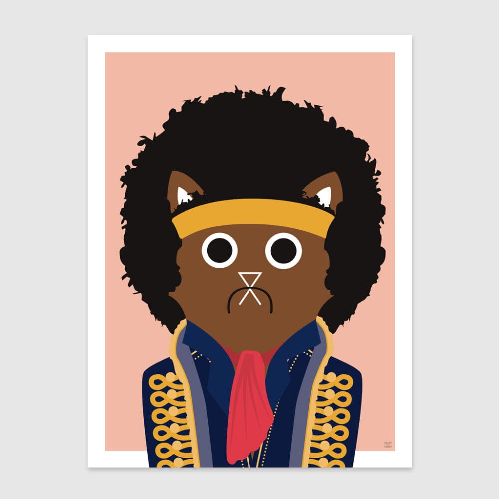 Tongue-in-cheek vector illustration of a cat depicted as Jimi Hendrix, wearing a yellow head band, and decorative blue coat