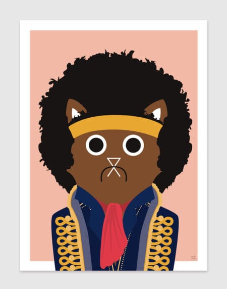 Tongue-in-cheek vector illustration of a cat depicted as Jimi Hendrix, wearing a yellow head band, and decorative blue coat