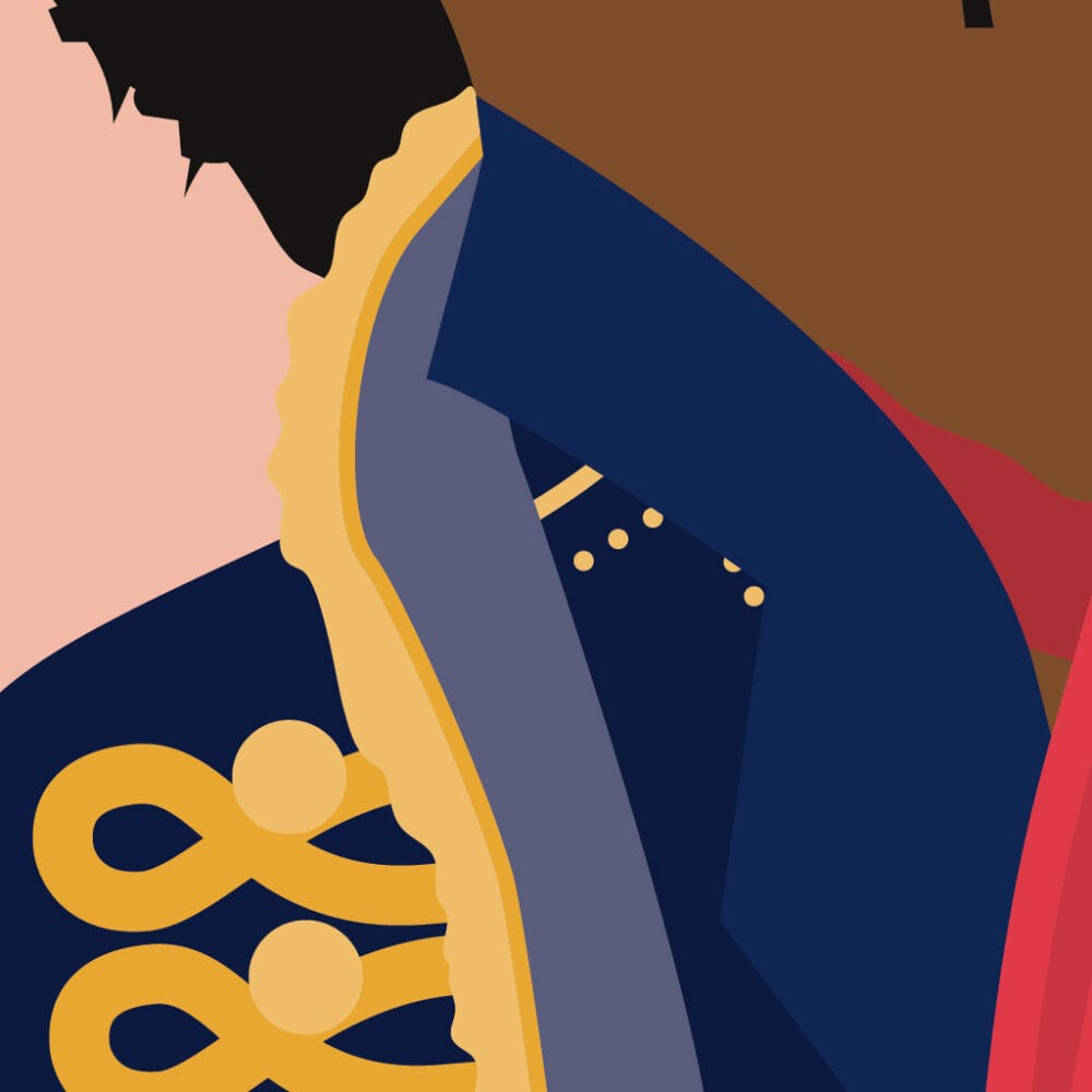 Tongue-in-cheek vector illustration of a cat depicted as Jimi Hendrix, wearing a yellow head band, and decorative blue coat