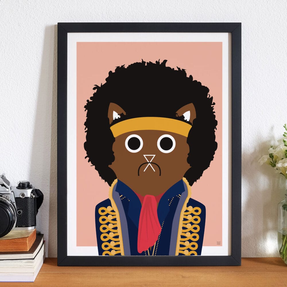 Rock music cat print artwork of a psychedelic black cat inspired by Jimi Hendrix, hand-drawn with bold colours and retro style.