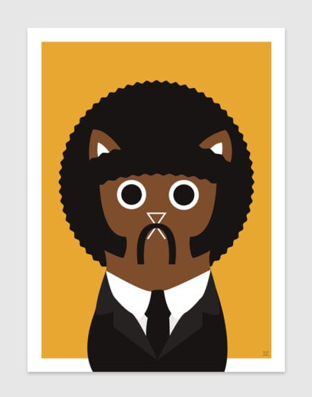 tongue in cheek vector illustration of a cat depicted as Jules from Pulp Fiction, in yellow, black and brown