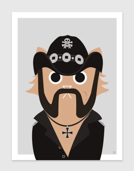 Tongue-in-cheek vector illustration of a cat depicted as Lemmy from the band Motörhead, wearing a black hat and clothes