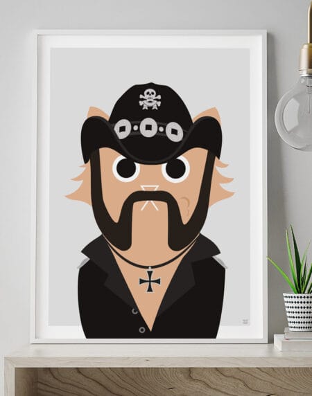 Tongue-in-cheek vector illustration of a cat depicted as Lemmy from the band Motörhead, wearing a black hat and clothes