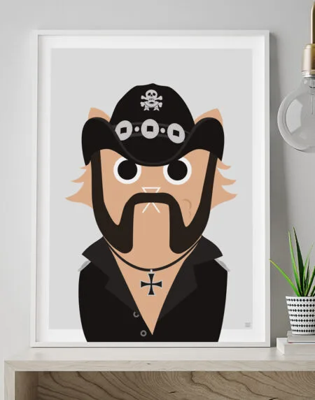 Tongue-in-cheek vector illustration of a cat depicted as Lemmy from the band Motörhead, wearing a black hat and clothes