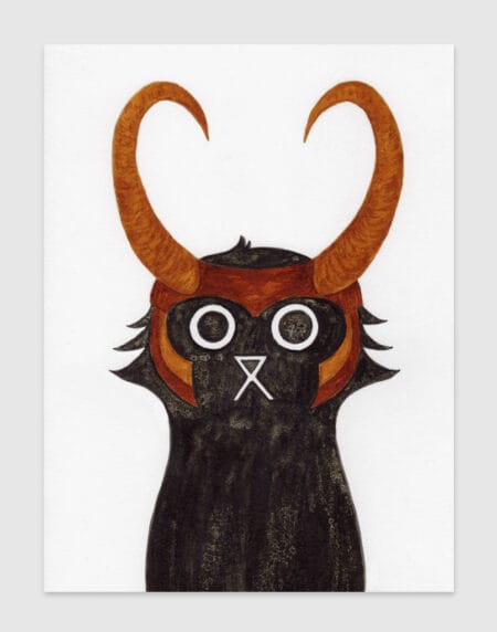 ink and salt black cat illustration print, wearing Loki's helmet
