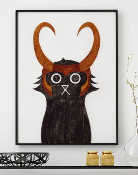 ink and salt black cat illustration print, wearing Loki's helmet