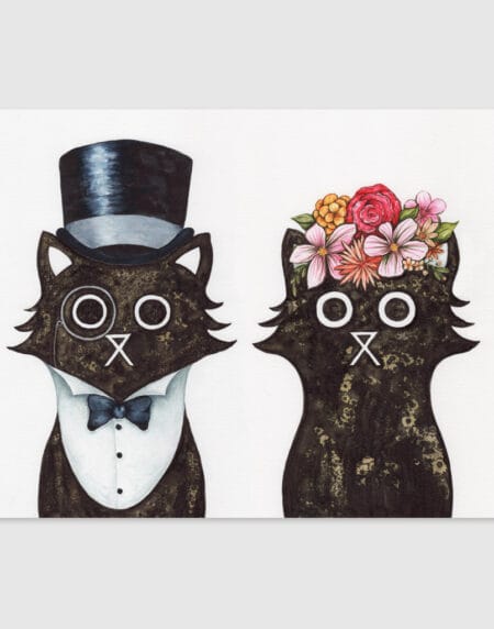 a salt and ink illustrated cat couple, lord wearing top hat and bow tie, lady wearing a floral hat