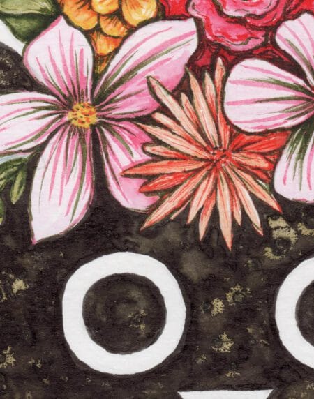 a salt and ink illustrated cat couple, lord wearing top hat and bow tie, lady wearing a floral hat zoomed in