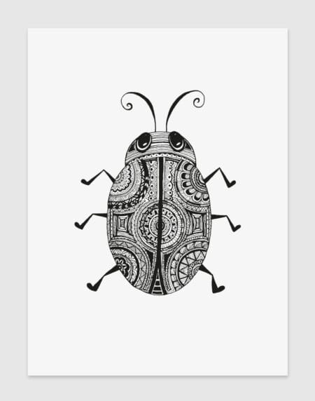 a hand-drawn love bug illustration print, filled with intricate patterns