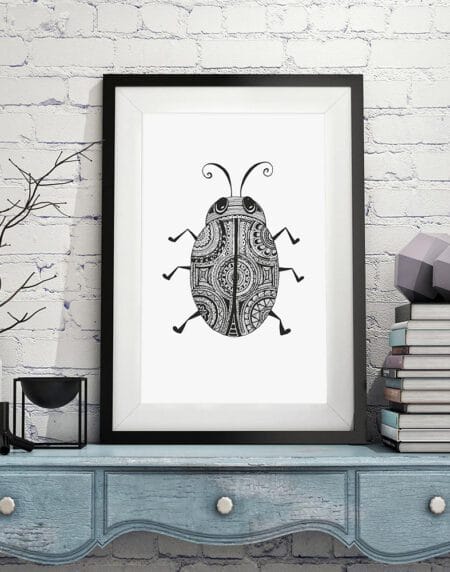 a hand-drawn love bug illustration print, filled with intricate patterns