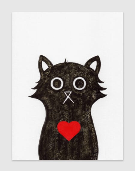 hand-drawn salt and ink illustration print, depicting a cute cat with a red heart on its chest