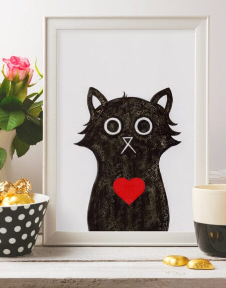 hand-drawn salt and ink illustration print, depicting a cute cat with a red heart on its chest, zoomed in