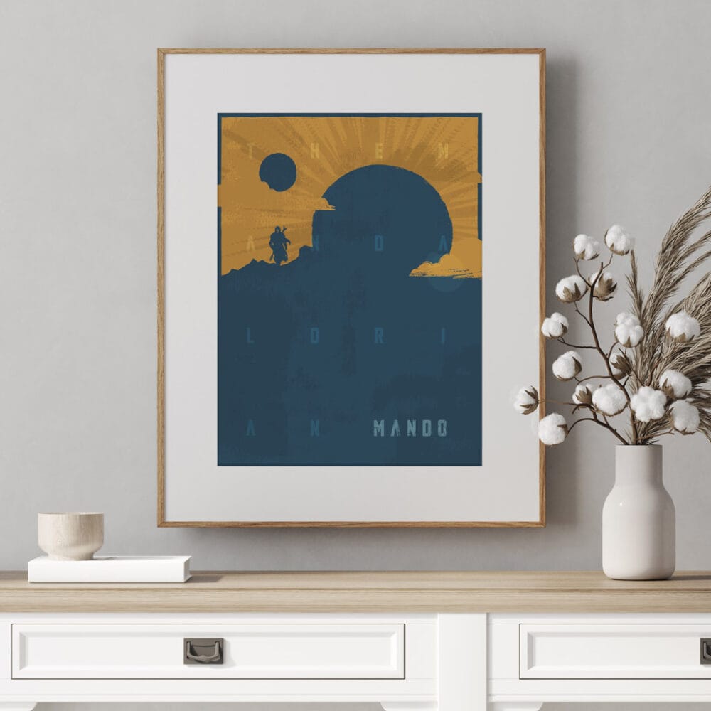 Mando giclée print showing lone figure on rugged terrain with deep blue