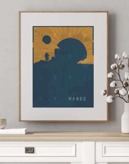 Mando giclée print showing lone figure on rugged terrain with deep blue