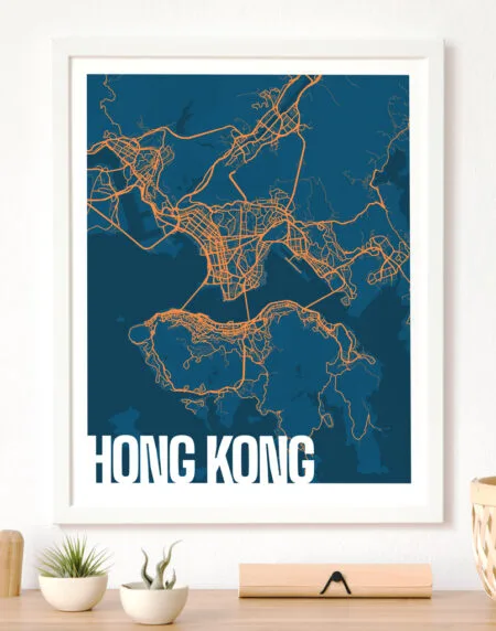 A blue and orange highly detailed map design depicting Hong Kong. Blue for ground, dark blue for rivers & orange for roads