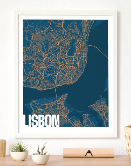 A blue and orange highly detailed map design depicting Lisbon. Blue for ground, dark blue for rivers & orange for roads