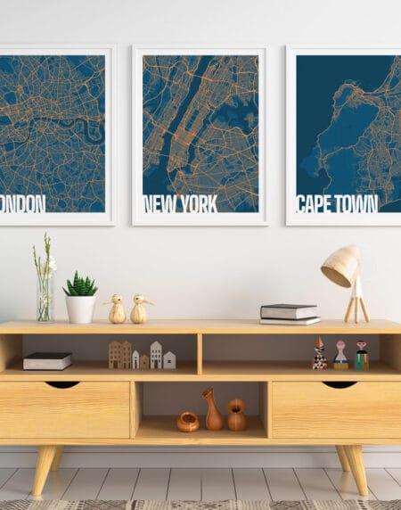 A blue and orange highly detailed map design showing three cities. Blue for ground, dark blue for rivers and orange for roads