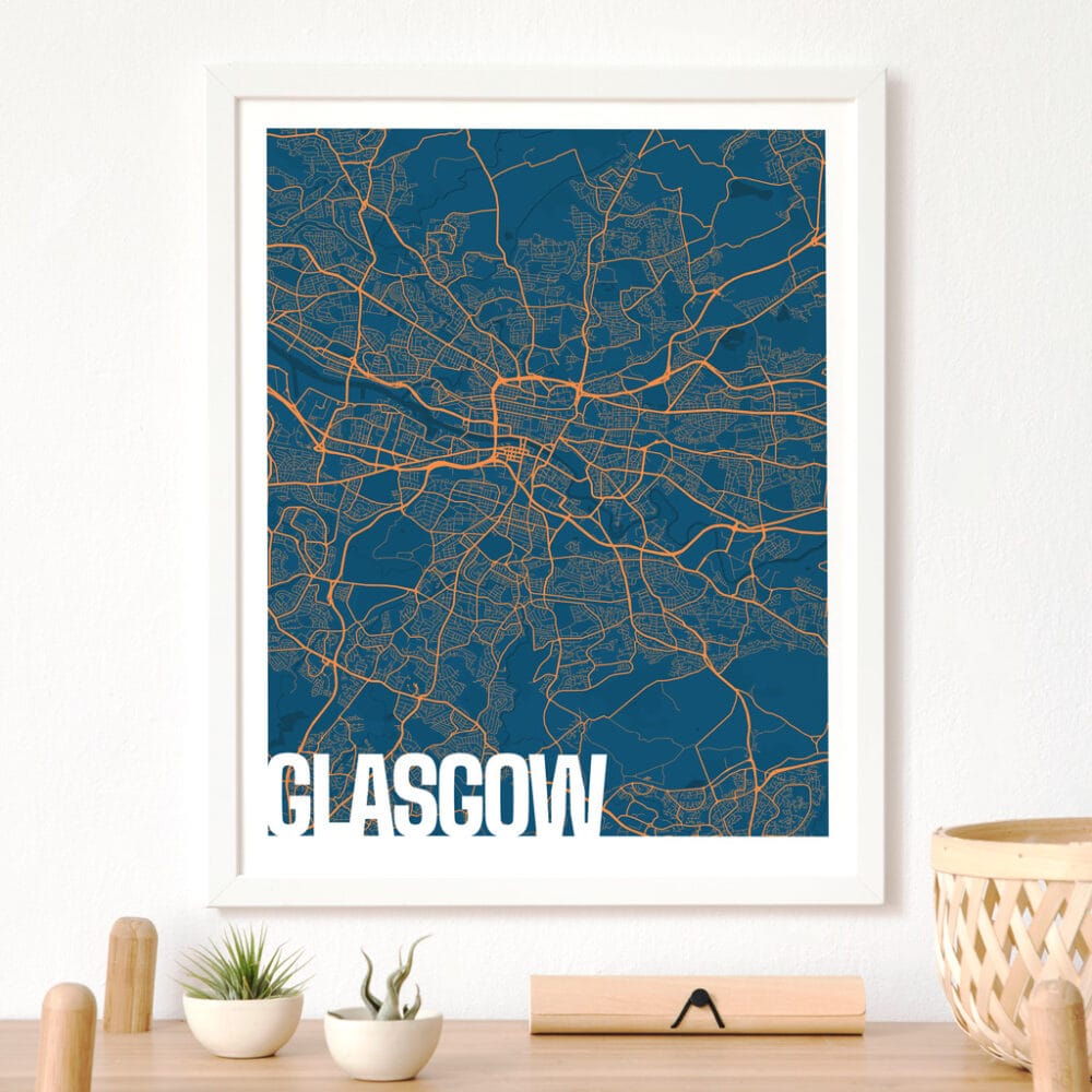A blue and orange highly detailed map design depicting Glasgow. Blue for ground, dark blue for rivers & orange for roads