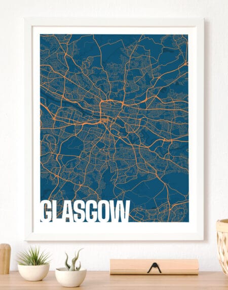 A blue and orange highly detailed map design depicting Glasgow. Blue for ground, dark blue for rivers & orange for roads