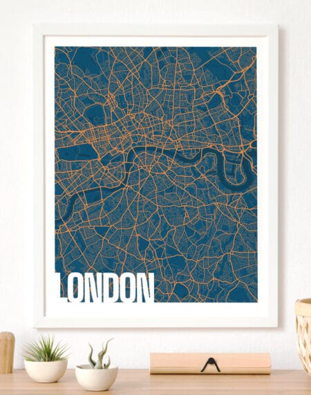 A blue and orange highly detailed map design depicting London. Blue for the ground, dark blue for rivers and orange for roads