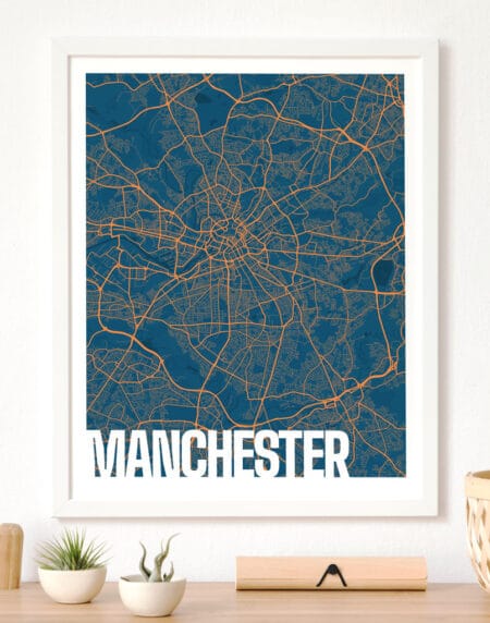 A blue and orange highly detailed map design depicting Manchester. Blue for ground, dark blue for rivers & orange for roads