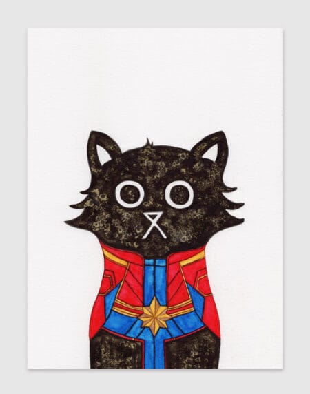 hand-drawn salt and ink illustration print, depicting a cute cat dressed as Captain Marvel