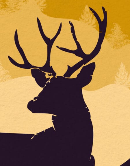 an illustration print of a golden lightbulb, mountains in the background and a deer cut of of the bottom of the bulb, zoomed