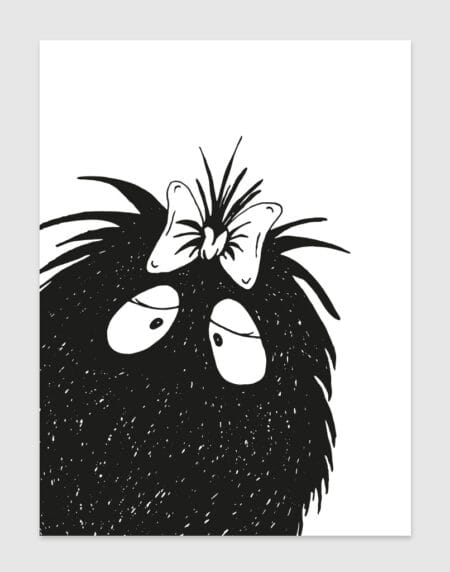 a Mrs peekaboo monster illustration print, done in black and white, peeking in from the bottom right corner