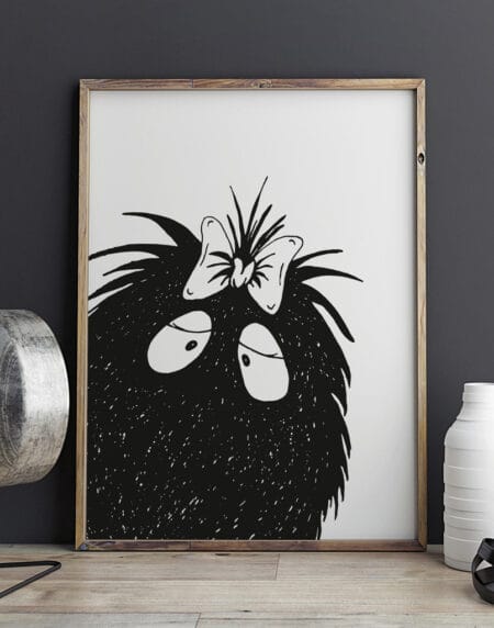 a Mrs peekaboo monster illustration print, done in black and white, peeking in from the bottom right corner