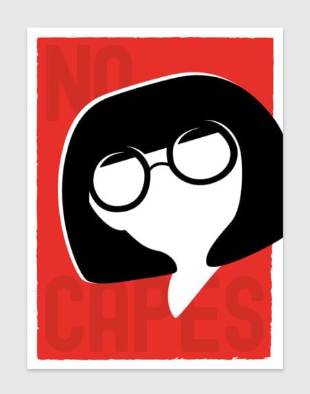 a bold graphic print depicting a representation of Edna character in bright mono colours of red, white and black