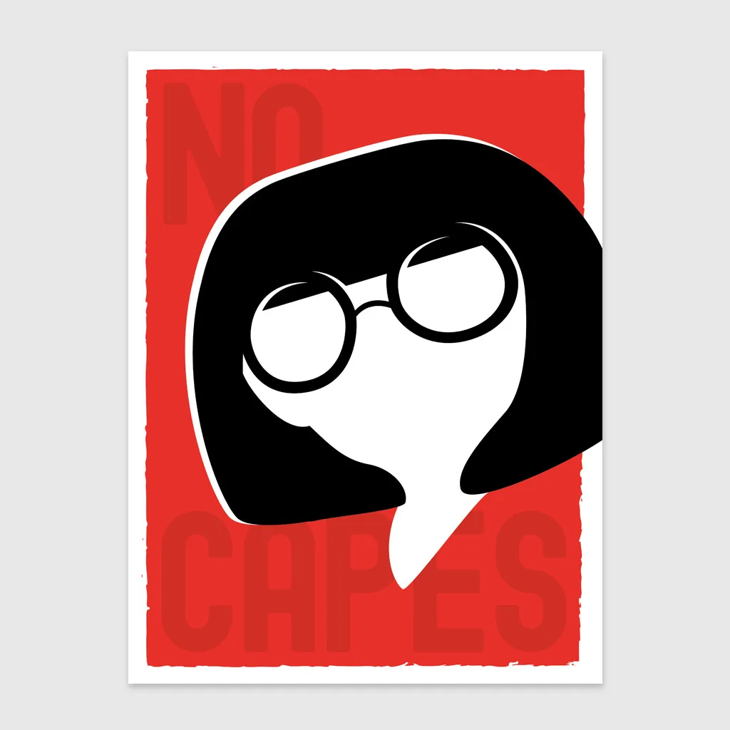 a bold graphic print depicting a representation of Edna character in bright mono colours of red, white and black