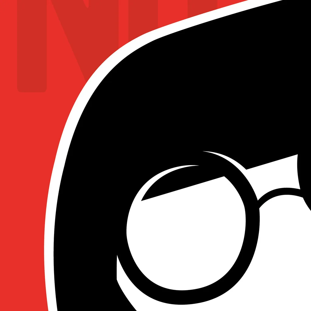 a bold graphic print depicting a representation of Edna character in bright mono colours of red, white and black zoomed in