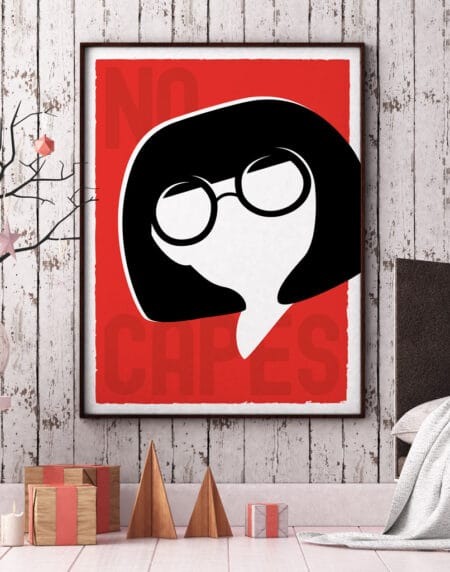 a bold graphic print depicting a representation of Edna character in bright mono colours of red, white and black