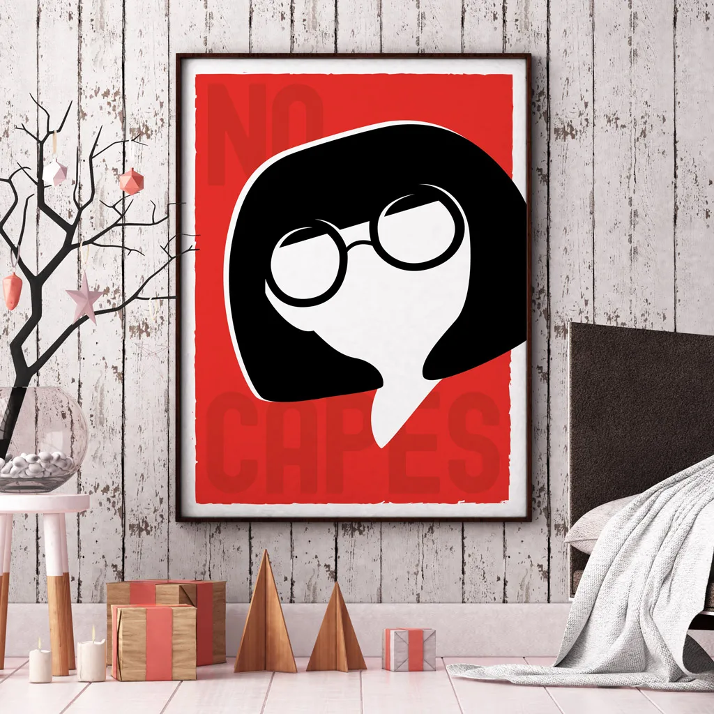 a bold graphic print depicting a representation of Edna character in bright mono colours of red, white and black